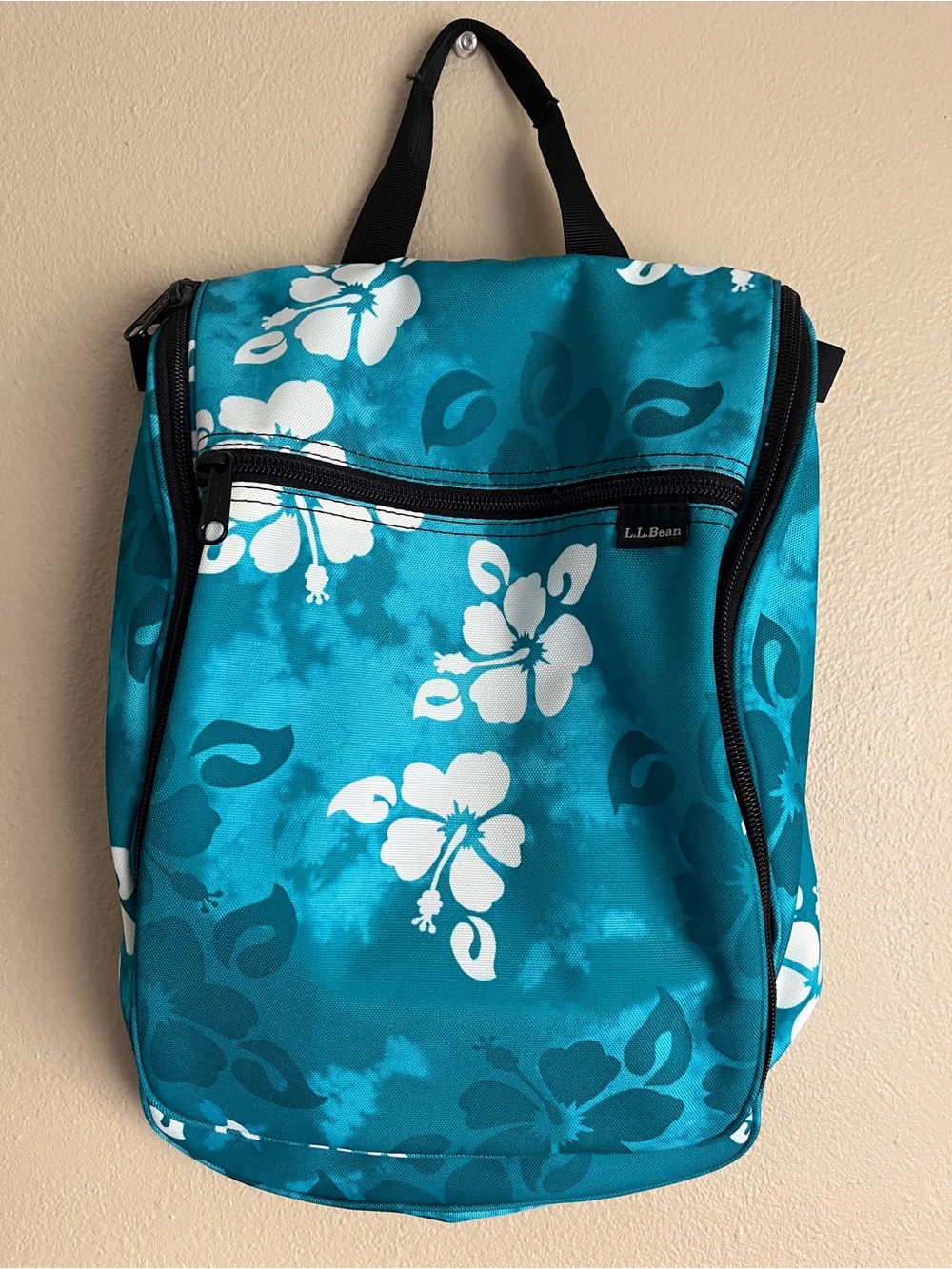 LL Bean Hanging Toiletry Bag Travel Organizer Teal blue Hawaiian Print Hibiscus